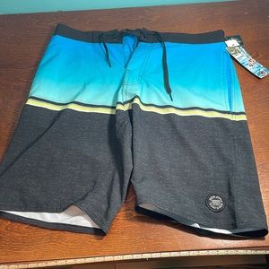 Ron Jon swim trunks, size 30” waist, blue, black, and green.